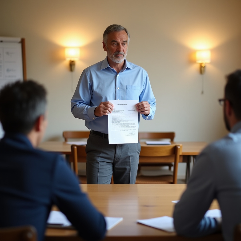 Building administrator presenting energy report at owners assembly