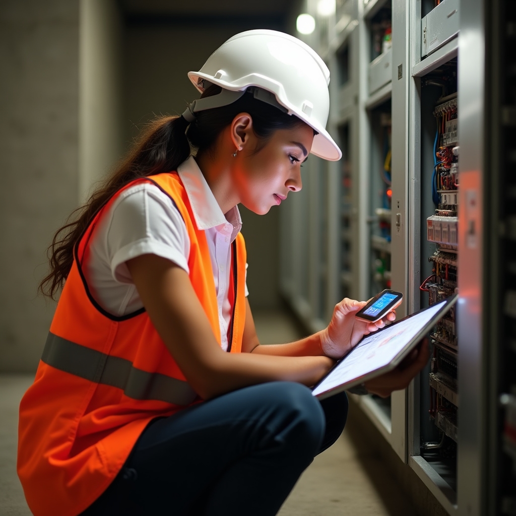 Technician performing energy audit in building